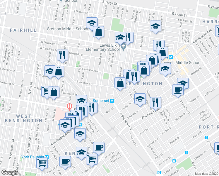 map of restaurants, bars, coffee shops, grocery stores, and more near 438 East Cambria Street in Philadelphia