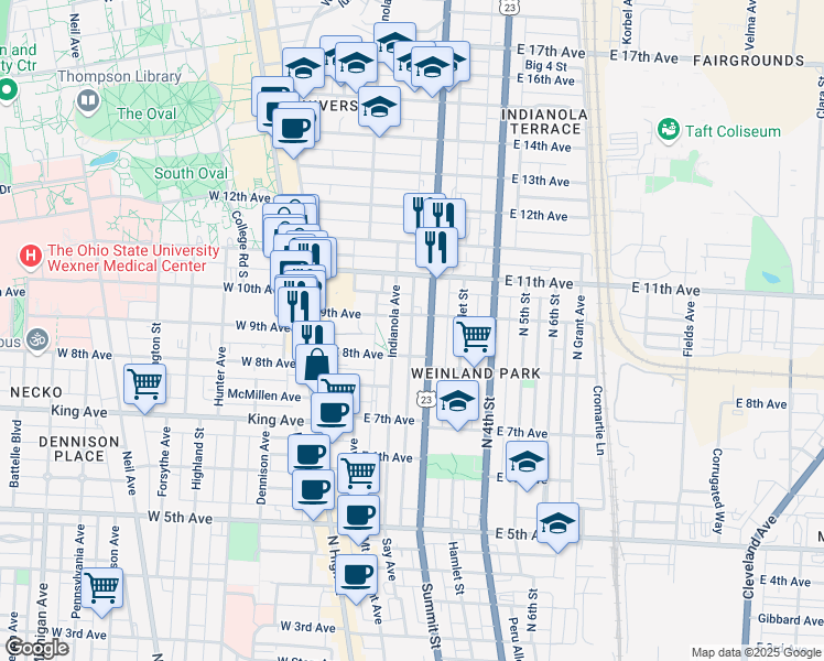map of restaurants, bars, coffee shops, grocery stores, and more near 1469 Peters Alley in Columbus