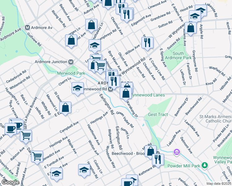 map of restaurants, bars, coffee shops, grocery stores, and more near 2322 Haverford Road in Ardmore