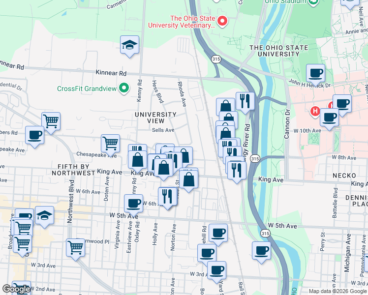 map of restaurants, bars, coffee shops, grocery stores, and more near 895 West 8th Avenue in Columbus