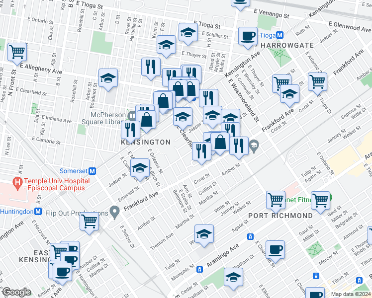 map of restaurants, bars, coffee shops, grocery stores, and more near 3084 Emerald Street in Philadelphia