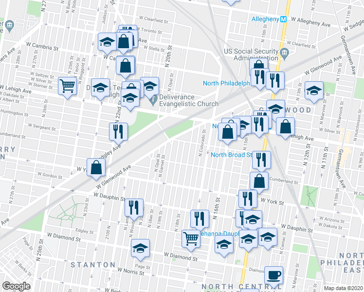 map of restaurants, bars, coffee shops, grocery stores, and more near 2554 North Cleveland Street in Philadelphia