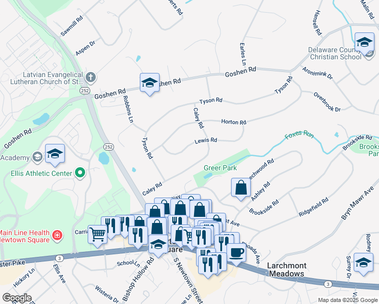 map of restaurants, bars, coffee shops, grocery stores, and more near 3508 Lewis Road in Newtown Square