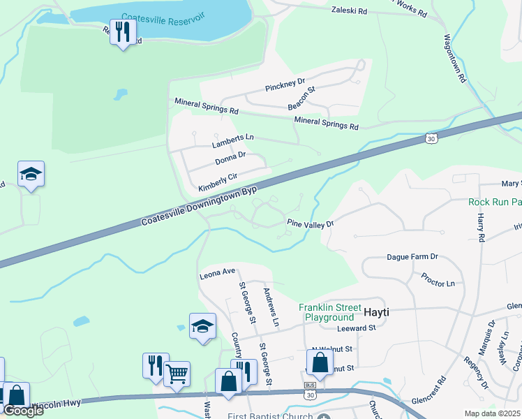 map of restaurants, bars, coffee shops, grocery stores, and more near 61 Winged Foot Drive in Coatesville