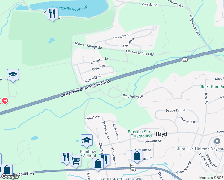 map of restaurants, bars, coffee shops, grocery stores, and more near 61 Winged Foot Drive in Coatesville