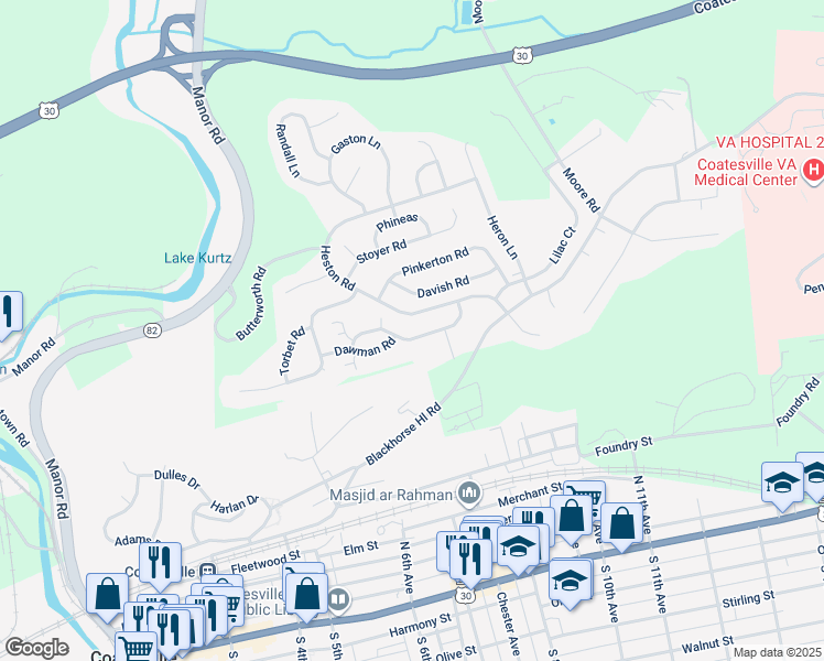 map of restaurants, bars, coffee shops, grocery stores, and more near 1001 Hulnick Road in Coatesville