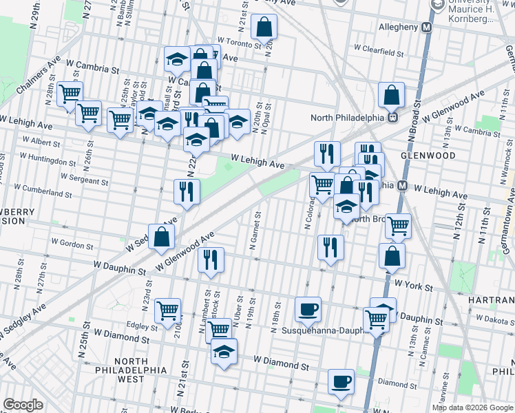 map of restaurants, bars, coffee shops, grocery stores, and more near 2546 North Garnet Street in Philadelphia