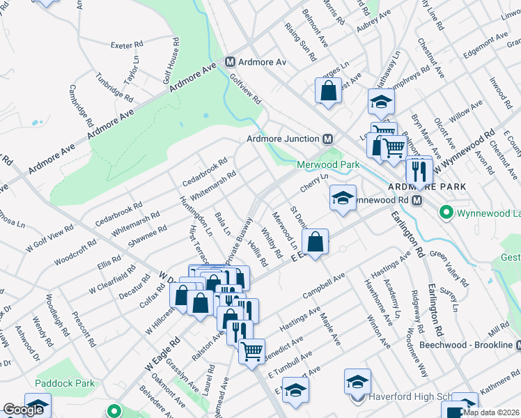 map of restaurants, bars, coffee shops, grocery stores, and more near 237 East Hathaway Lane in Havertown