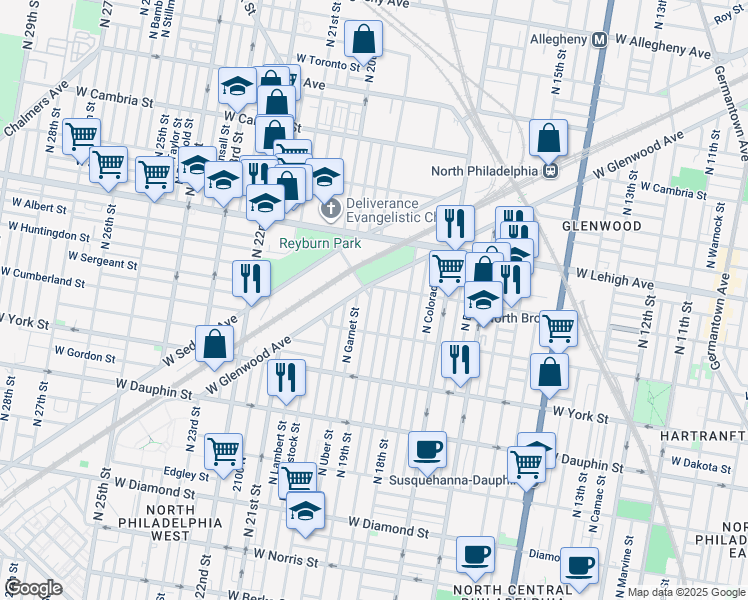 map of restaurants, bars, coffee shops, grocery stores, and more near 2549 North 19th Street in Philadelphia