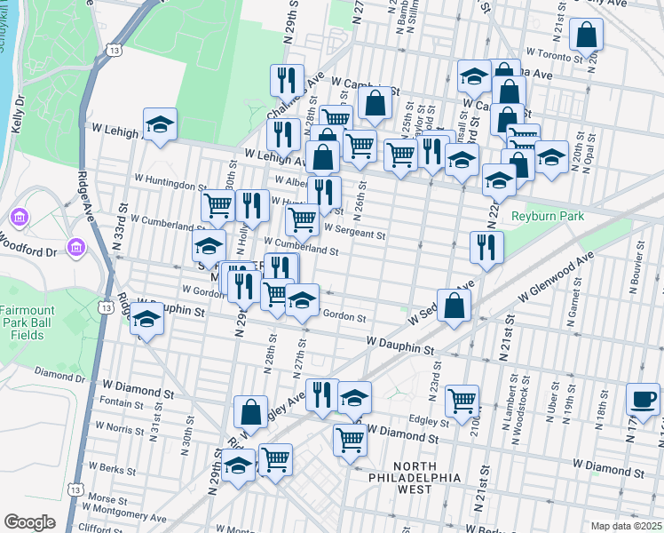 map of restaurants, bars, coffee shops, grocery stores, and more near 2627 West Hagert Street in Philadelphia