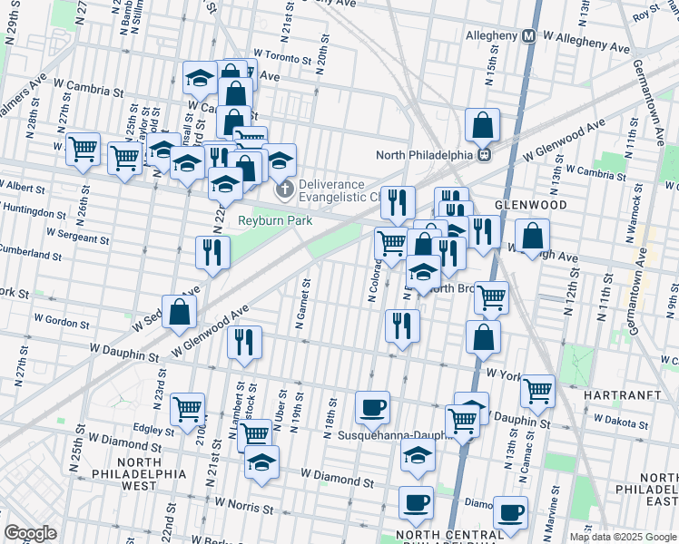 map of restaurants, bars, coffee shops, grocery stores, and more near 2554 North Cleveland Street in Philadelphia