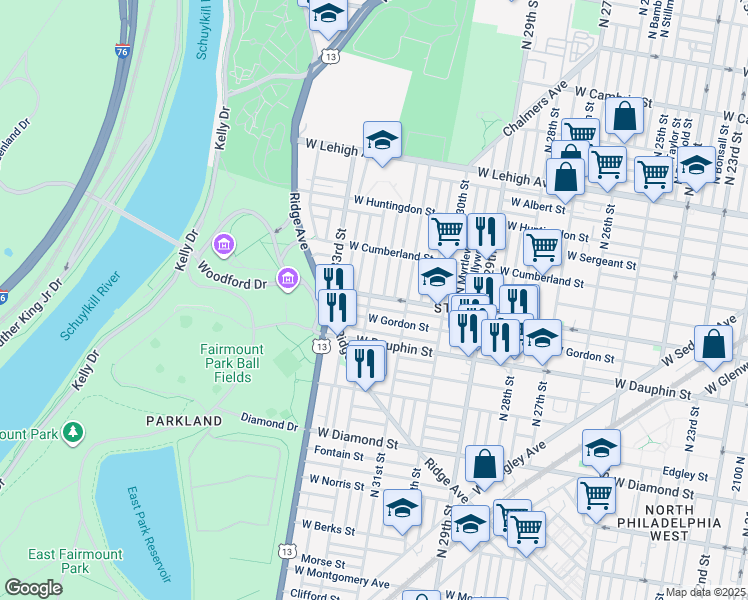 map of restaurants, bars, coffee shops, grocery stores, and more near 2353 North 32nd Street in Philadelphia
