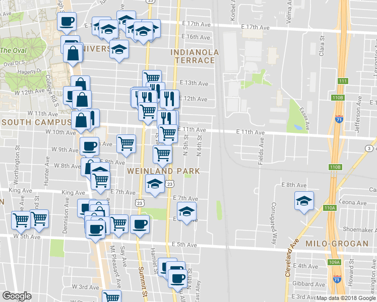 map of restaurants, bars, coffee shops, grocery stores, and more near 1450 North 5th Street in Columbus