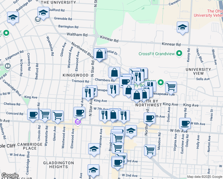 map of restaurants, bars, coffee shops, grocery stores, and more near 1448 Chesapeake Avenue in Columbus