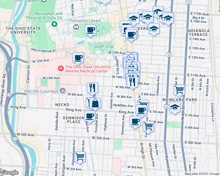 map of restaurants, bars, coffee shops, grocery stores, and more near 121 West 9th Avenue in Columbus