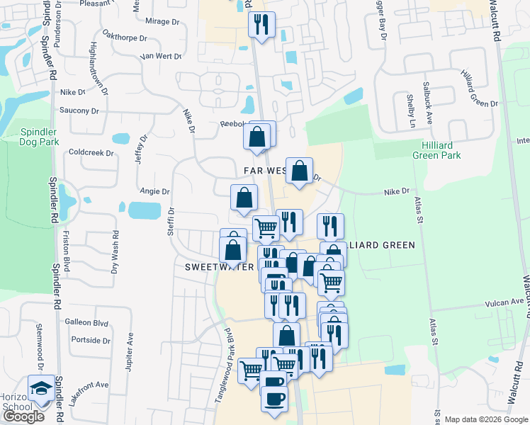 map of restaurants, bars, coffee shops, grocery stores, and more near 5508 Hilliard Rome Office Park in Hilliard