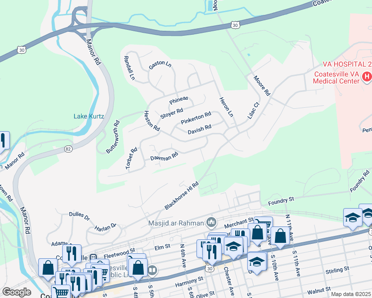 map of restaurants, bars, coffee shops, grocery stores, and more near 1001 Hulnick Road in Coatesville