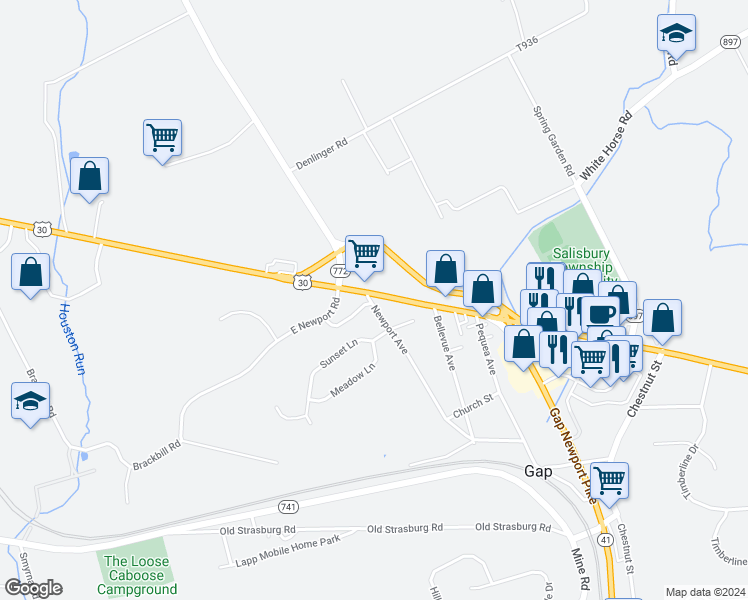 map of restaurants, bars, coffee shops, grocery stores, and more near 5270 Lincoln Highway in Gap