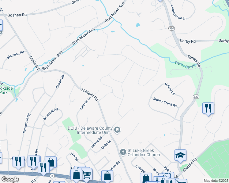 map of restaurants, bars, coffee shops, grocery stores, and more near 109 Laurel Lane in Broomall