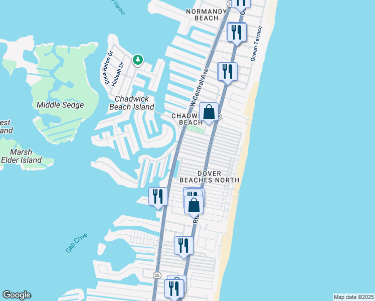 map of restaurants, bars, coffee shops, grocery stores, and more near 119 W Tarpon Way in Lavallette