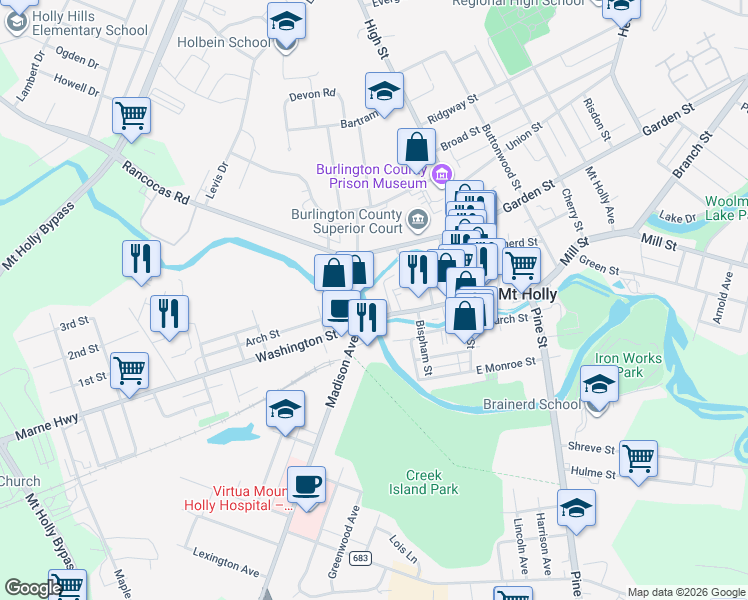 map of restaurants, bars, coffee shops, grocery stores, and more near 63 Washington Street in Mount Holly