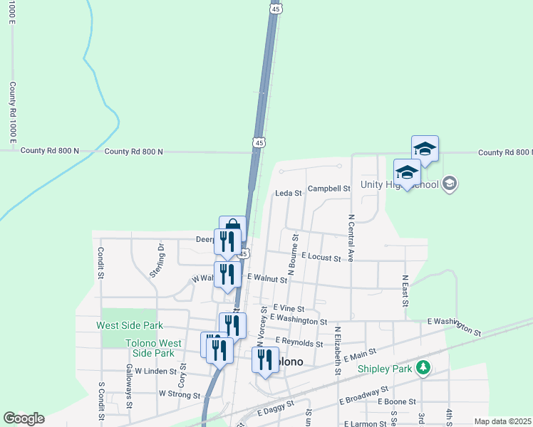 map of restaurants, bars, coffee shops, grocery stores, and more near 705 North Vorcey Street in Tolono