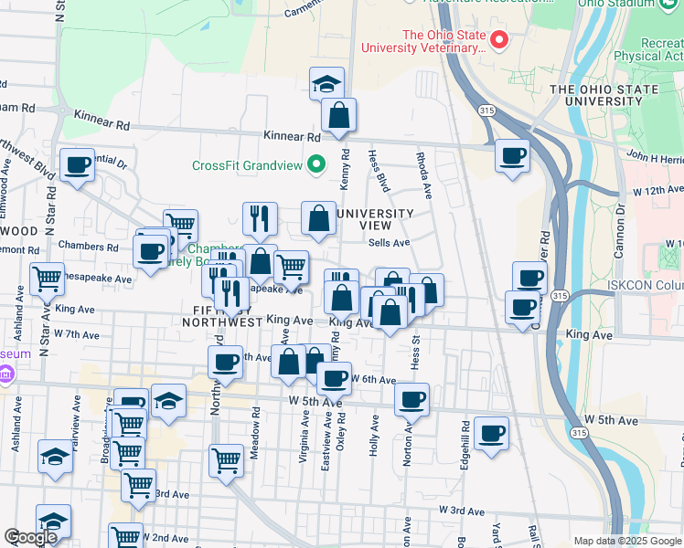 map of restaurants, bars, coffee shops, grocery stores, and more near 1672 Kenny Road in Columbus