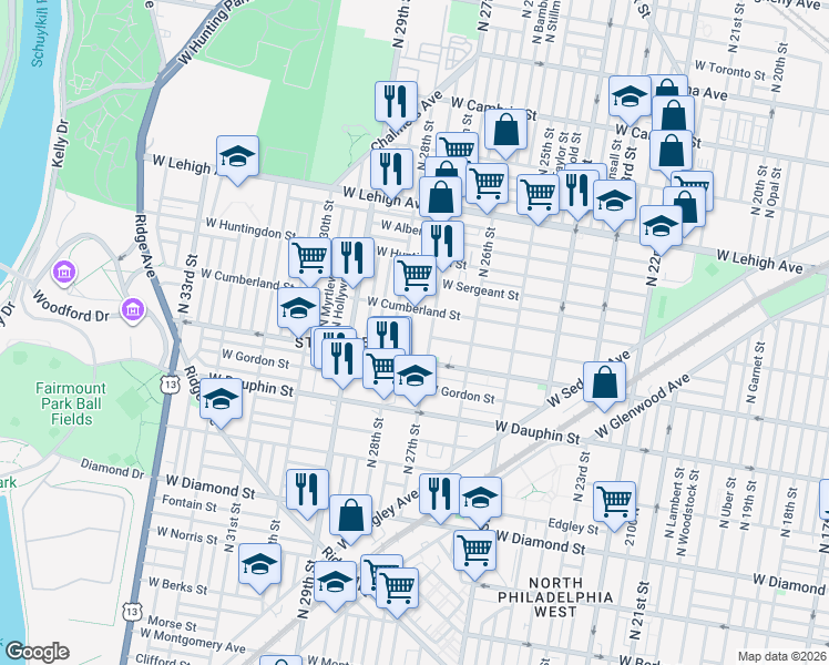 map of restaurants, bars, coffee shops, grocery stores, and more near 2431 North Marston Street in Philadelphia