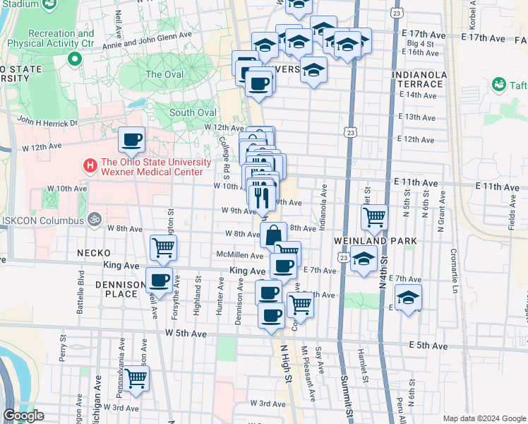 map of restaurants, bars, coffee shops, grocery stores, and more near in Columbus