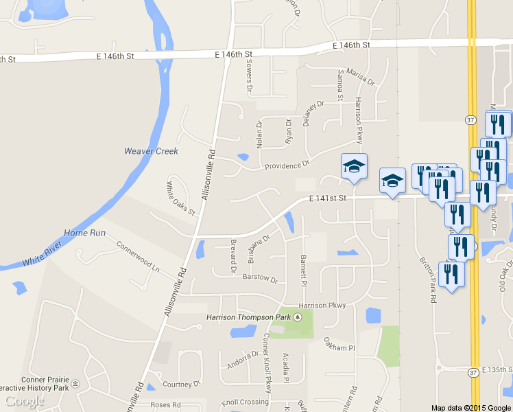 map of restaurants, bars, coffee shops, grocery stores, and more near 14122 Conner Knoll Pkwy in Fishers