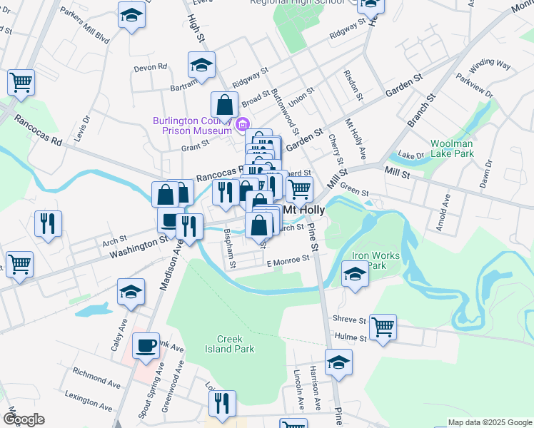 map of restaurants, bars, coffee shops, grocery stores, and more near in Mount Holly