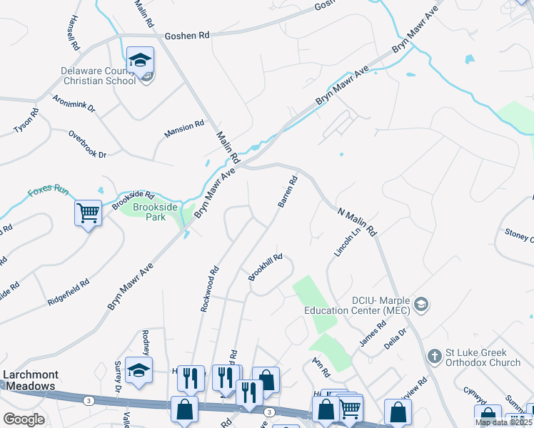 map of restaurants, bars, coffee shops, grocery stores, and more near 202 Barren Road in Newtown Square