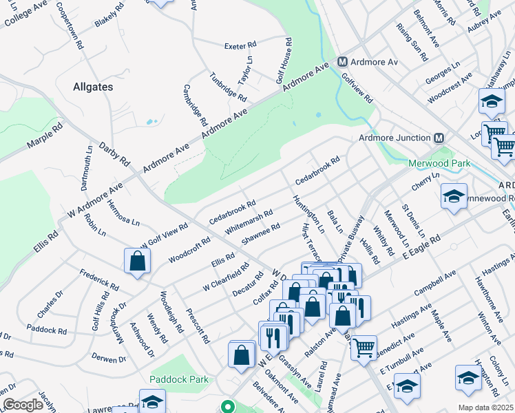 map of restaurants, bars, coffee shops, grocery stores, and more near 101 Cedarbrook Road in Ardmore