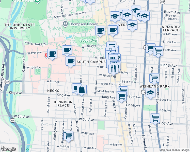 map of restaurants, bars, coffee shops, grocery stores, and more near 117 West 9th Avenue in Columbus