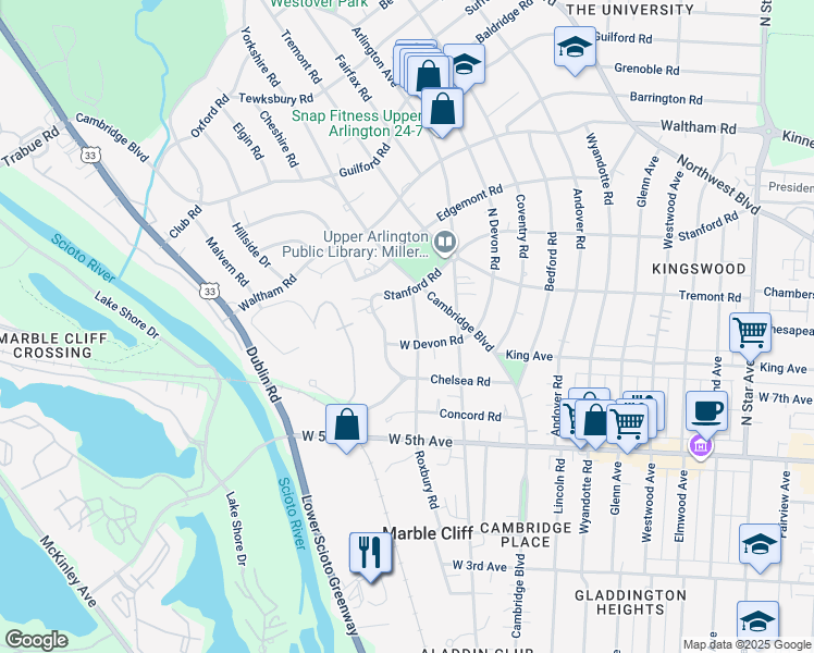 map of restaurants, bars, coffee shops, grocery stores, and more near 1811 Roxbury Road in Columbus