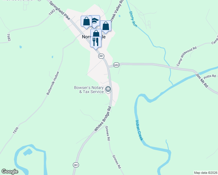 map of restaurants, bars, coffee shops, grocery stores, and more near 155 Mill Run Road in Normalville