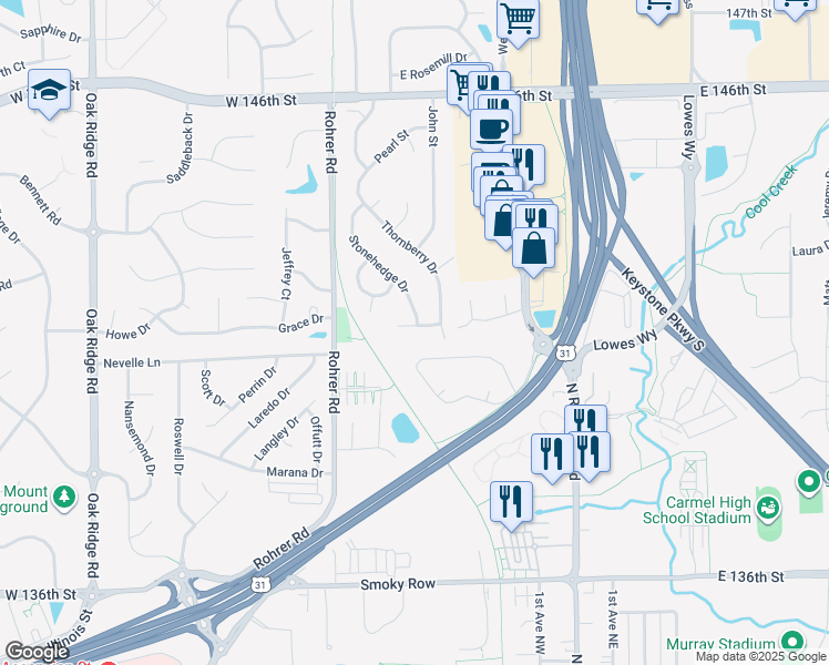 map of restaurants, bars, coffee shops, grocery stores, and more near 233 Boulder Court in Carmel