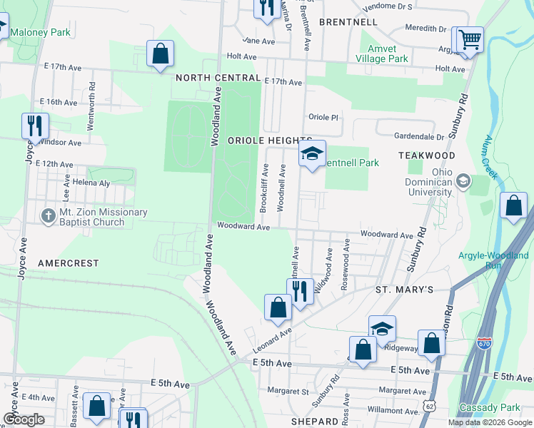 map of restaurants, bars, coffee shops, grocery stores, and more near 1218 Brookcliff Avenue in Columbus