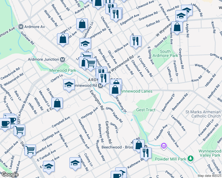 map of restaurants, bars, coffee shops, grocery stores, and more near 2322 Haverford Road in Ardmore