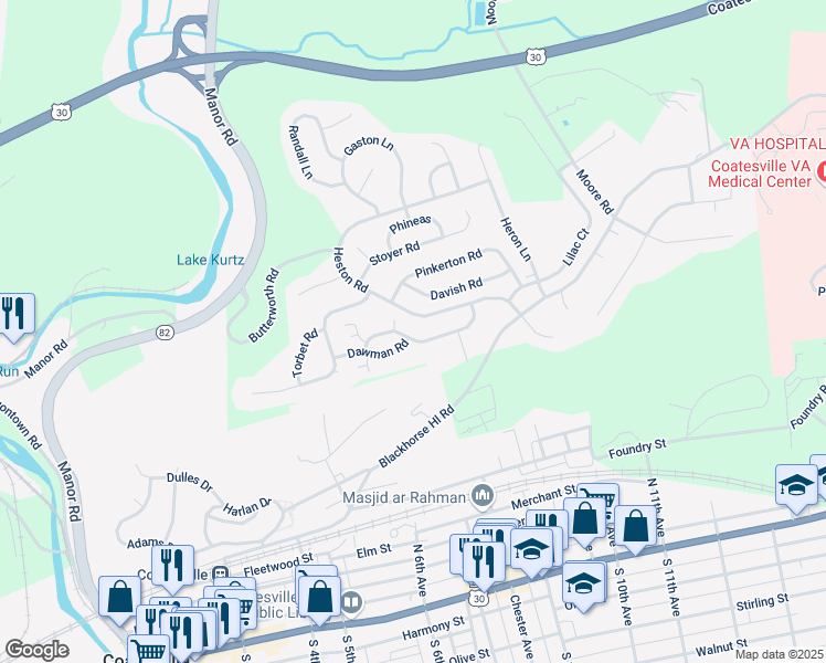 map of restaurants, bars, coffee shops, grocery stores, and more near 1101 Hulnick Road in Coatesville