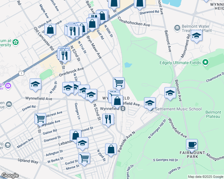 map of restaurants, bars, coffee shops, grocery stores, and more near 2252 Bryn Mawr Avenue in Philadelphia