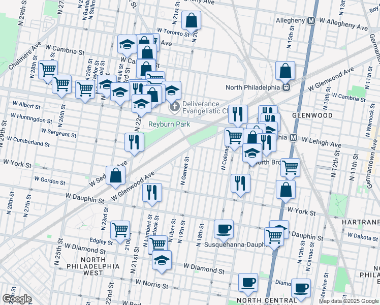 map of restaurants, bars, coffee shops, grocery stores, and more near 2551 North Garnet Street in Philadelphia