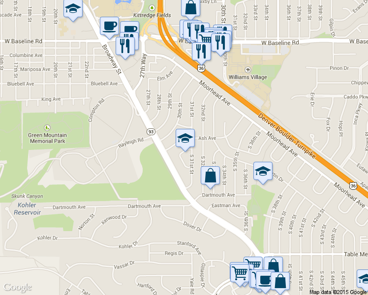 map of restaurants, bars, coffee shops, grocery stores, and more near 25 Bucknell Court in Boulder
