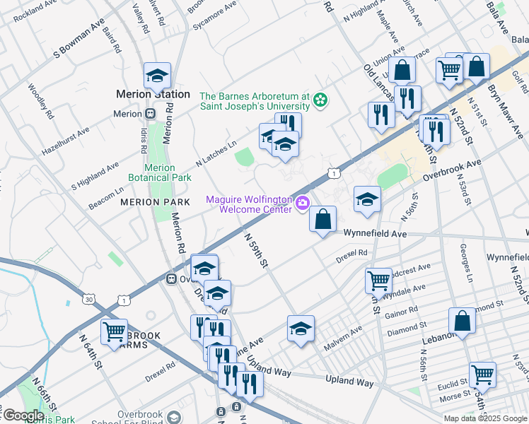 map of restaurants, bars, coffee shops, grocery stores, and more near 415 U.S. 1 in Philadelphia