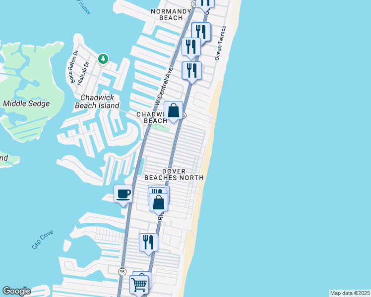 map of restaurants, bars, coffee shops, grocery stores, and more near 61 East Bay Way in Lavallette