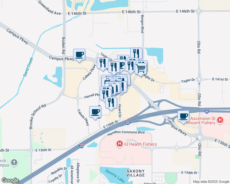 map of restaurants, bars, coffee shops, grocery stores, and more near 13170 Harrell Parkway in Noblesville