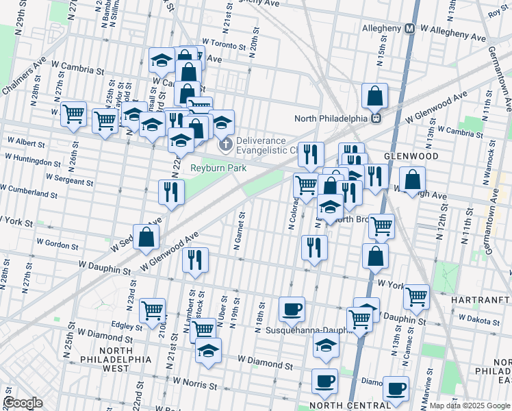 map of restaurants, bars, coffee shops, grocery stores, and more near 2551 North 19th Street in Philadelphia