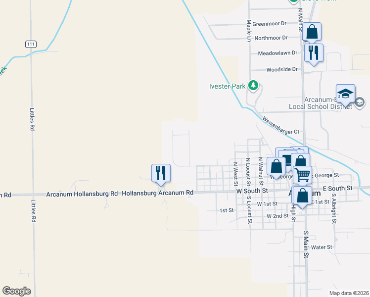 map of restaurants, bars, coffee shops, grocery stores, and more near 19 Wheatland Drive in Arcanum