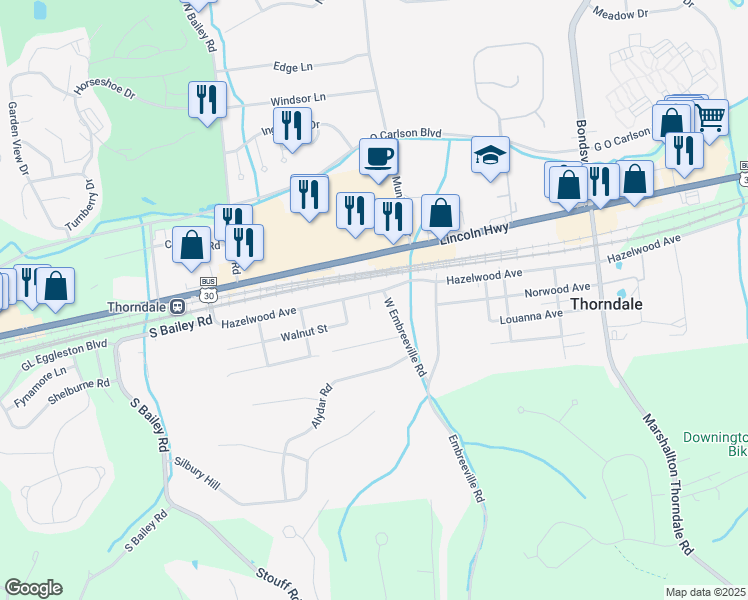 map of restaurants, bars, coffee shops, grocery stores, and more near 276 Embreeville Road in Downingtown