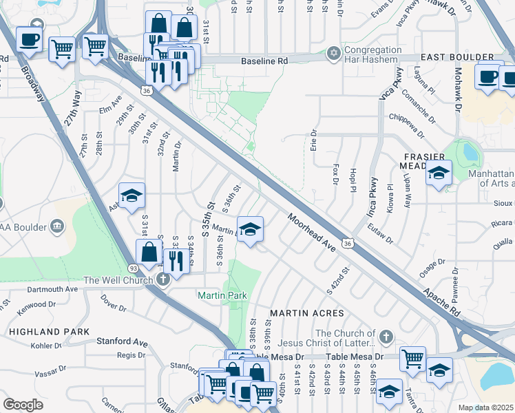 map of restaurants, bars, coffee shops, grocery stores, and more near 3658 Chase Court in Boulder